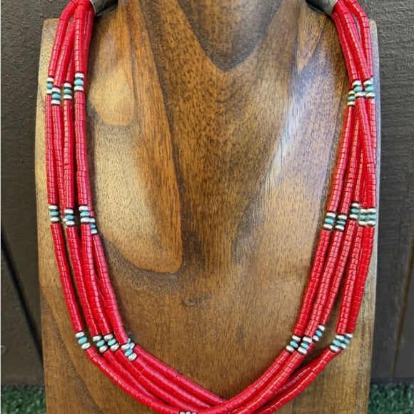 Sterling Silver Multi Strand Heishi Bamboo Coral Turquoise Bead Necklace 22 Inch